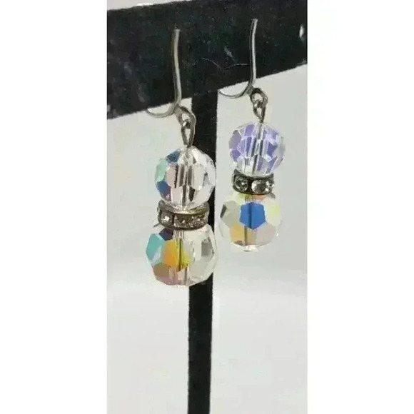 Vtg Earrings Clip Long Dangle Crystal Faceted AB Prism Balls Rhinestone Accent - Picture 2 of 8